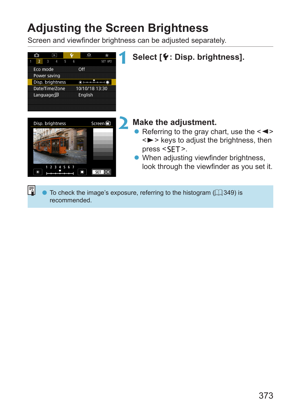 Adjusting the screen brightness, Brightness | Canon EOS RP Mirrorless Camera User Manual | Page 373 / 612