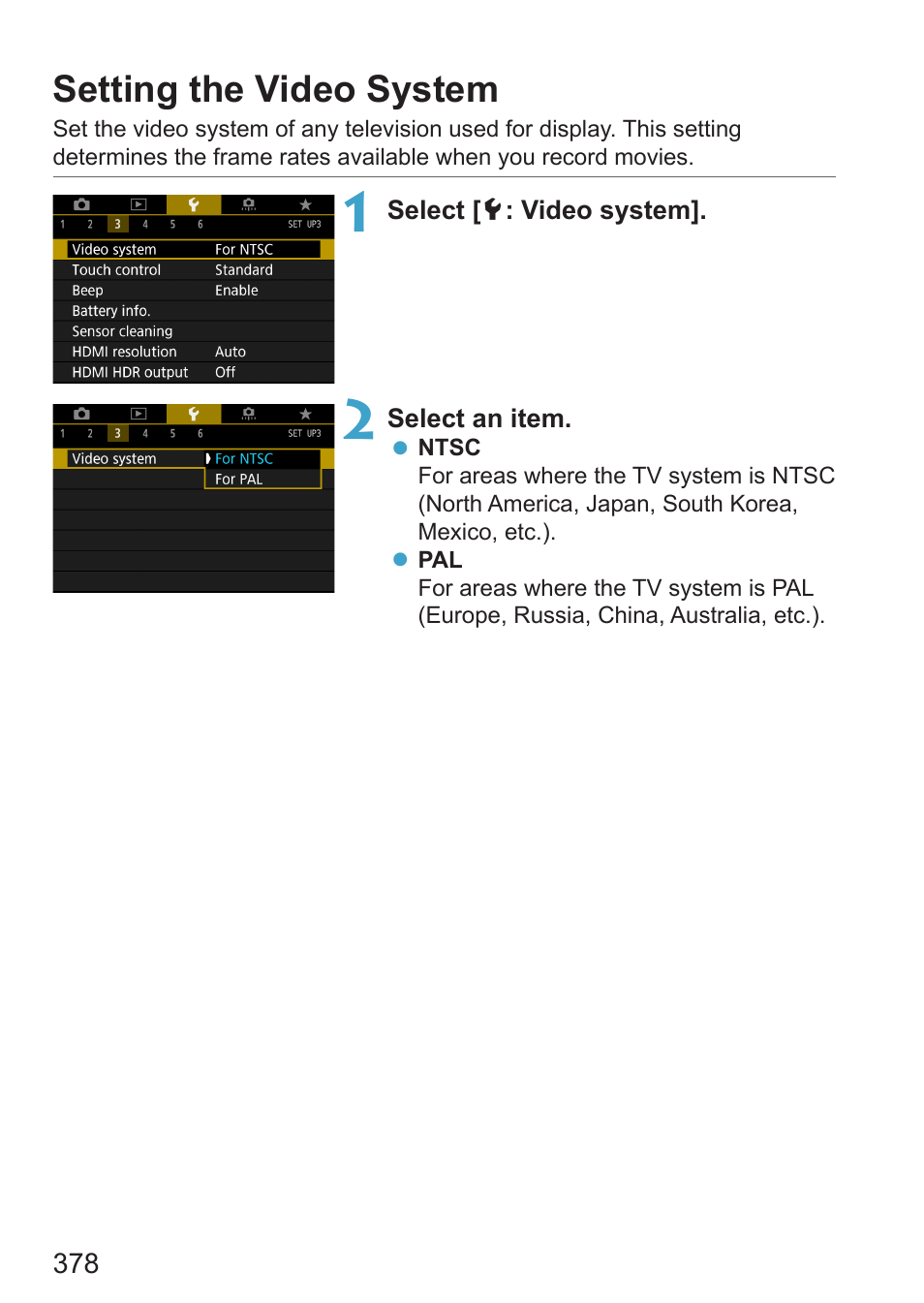 Setting the video system, Setting | Canon EOS RP Mirrorless Camera User Manual | Page 378 / 612