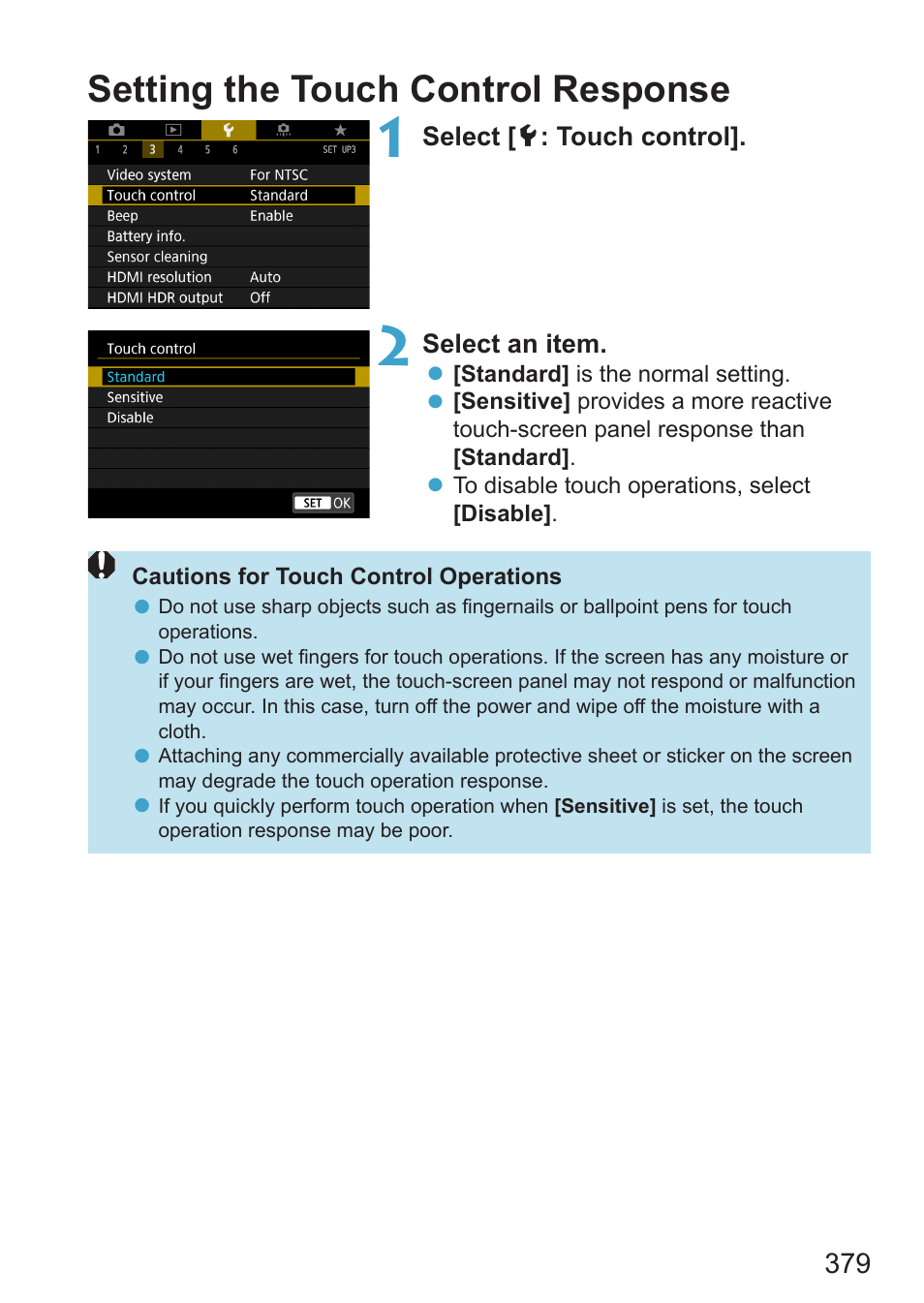 Setting the touch control response | Canon EOS RP Mirrorless Camera User Manual | Page 379 / 612