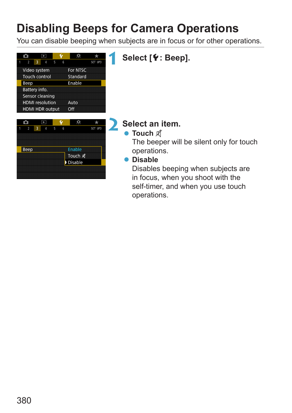 Disabling beeps for camera operations, Beeper | Canon EOS RP Mirrorless Camera User Manual | Page 380 / 612