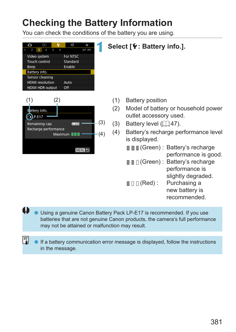 Checking the battery information | Canon EOS RP Mirrorless Camera User Manual | Page 381 / 612