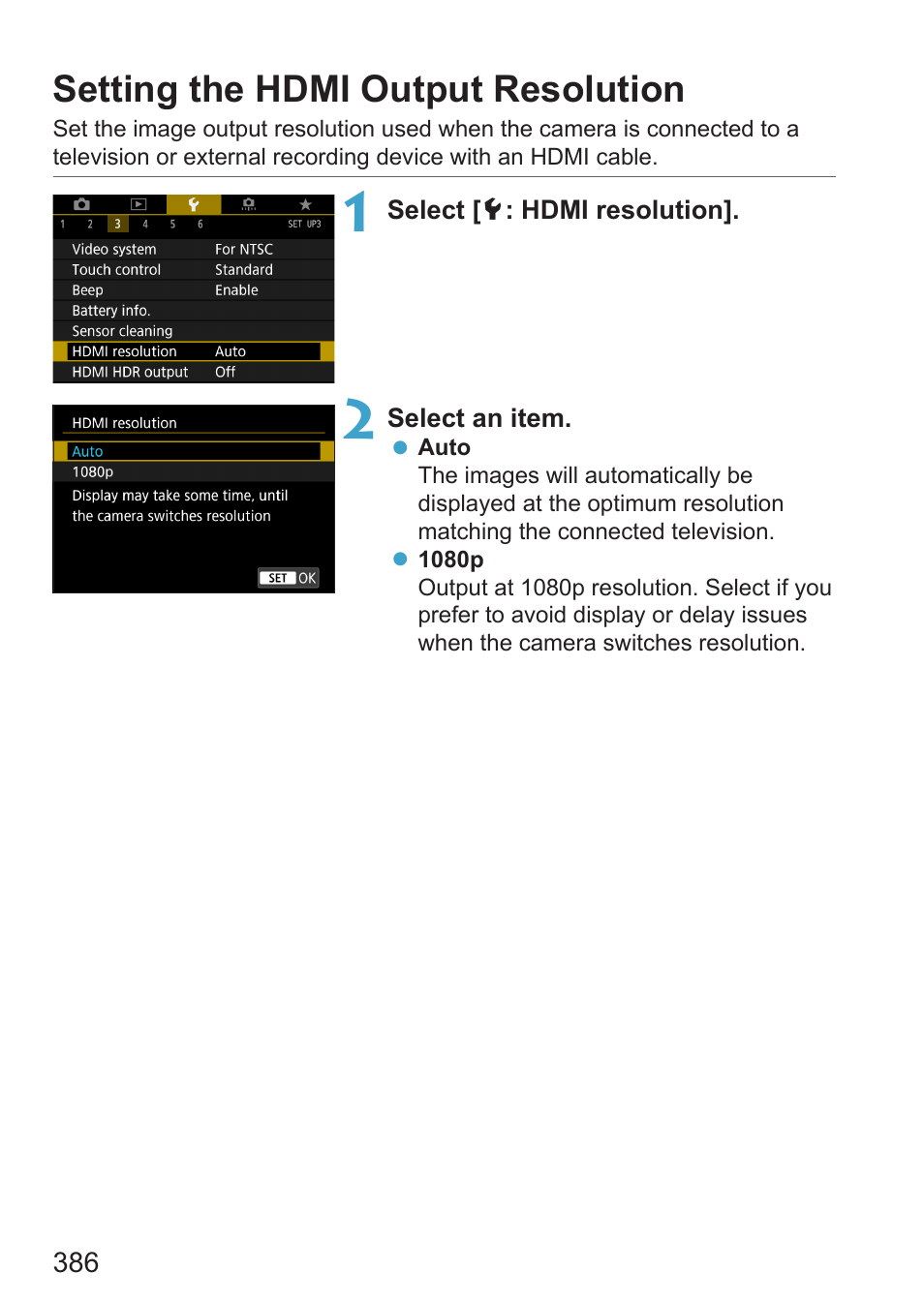 Setting the hdmi output resolution | Canon EOS RP Mirrorless Camera User Manual | Page 386 / 612