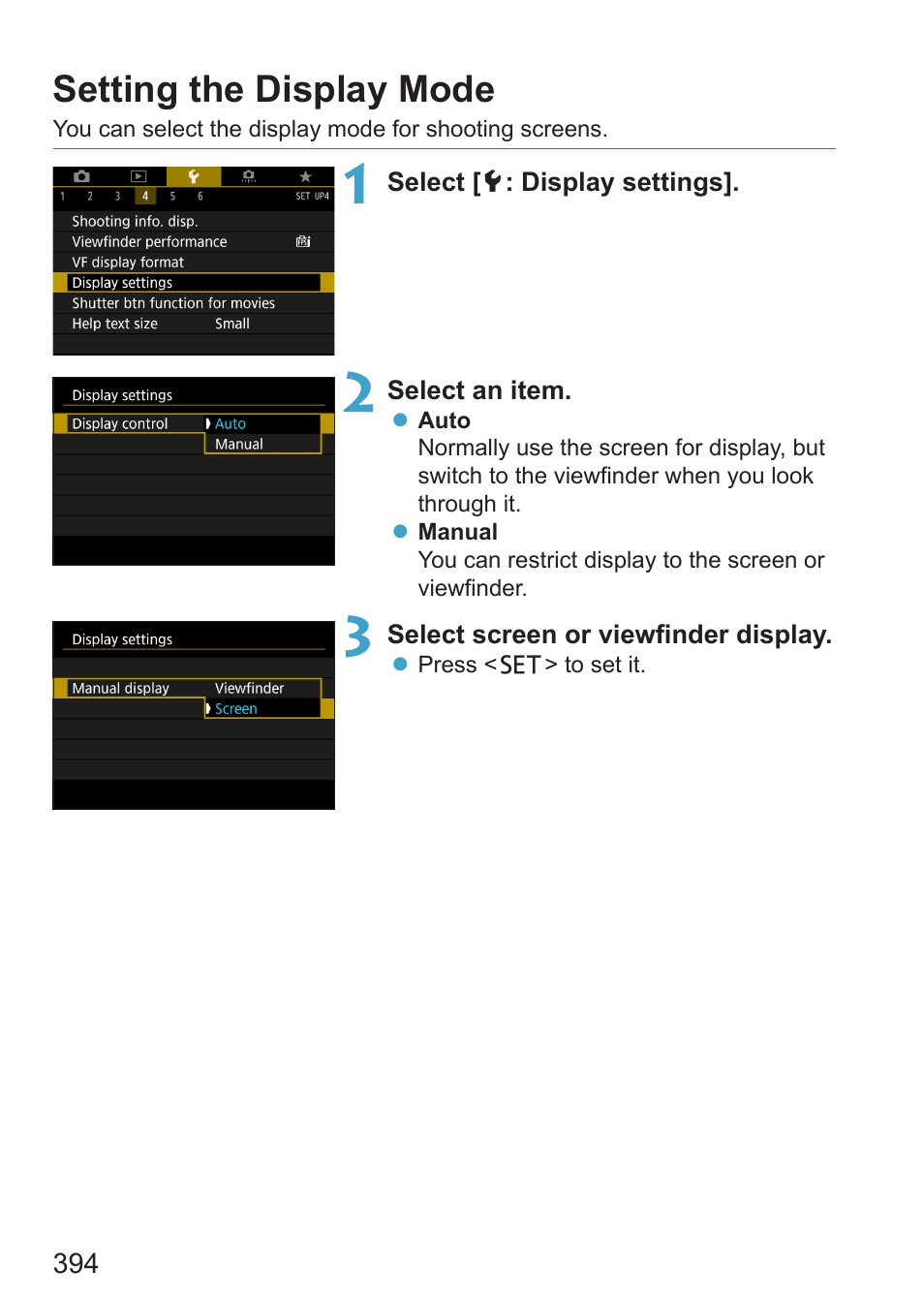 Setting the display mode, Display settings | Canon EOS RP Mirrorless Camera User Manual | Page 394 / 612