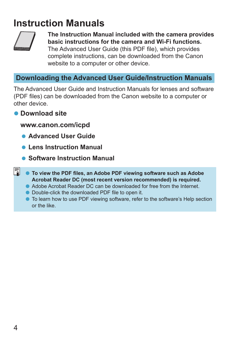 Instruction manuals, Website | Canon EOS RP Mirrorless Camera User Manual | Page 4 / 612