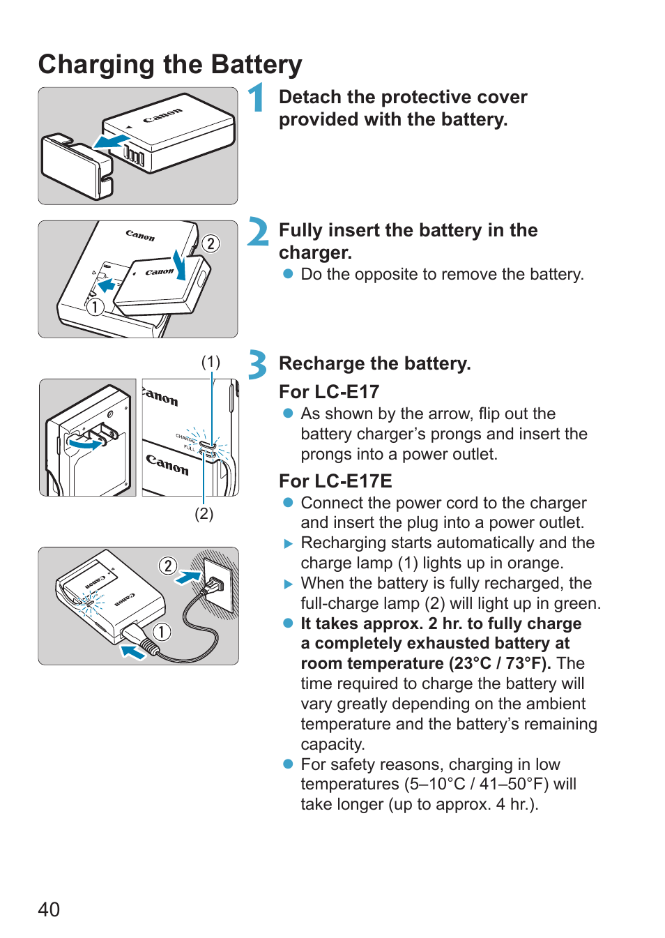 Charging the battery | Canon EOS RP Mirrorless Camera User Manual | Page 40 / 612