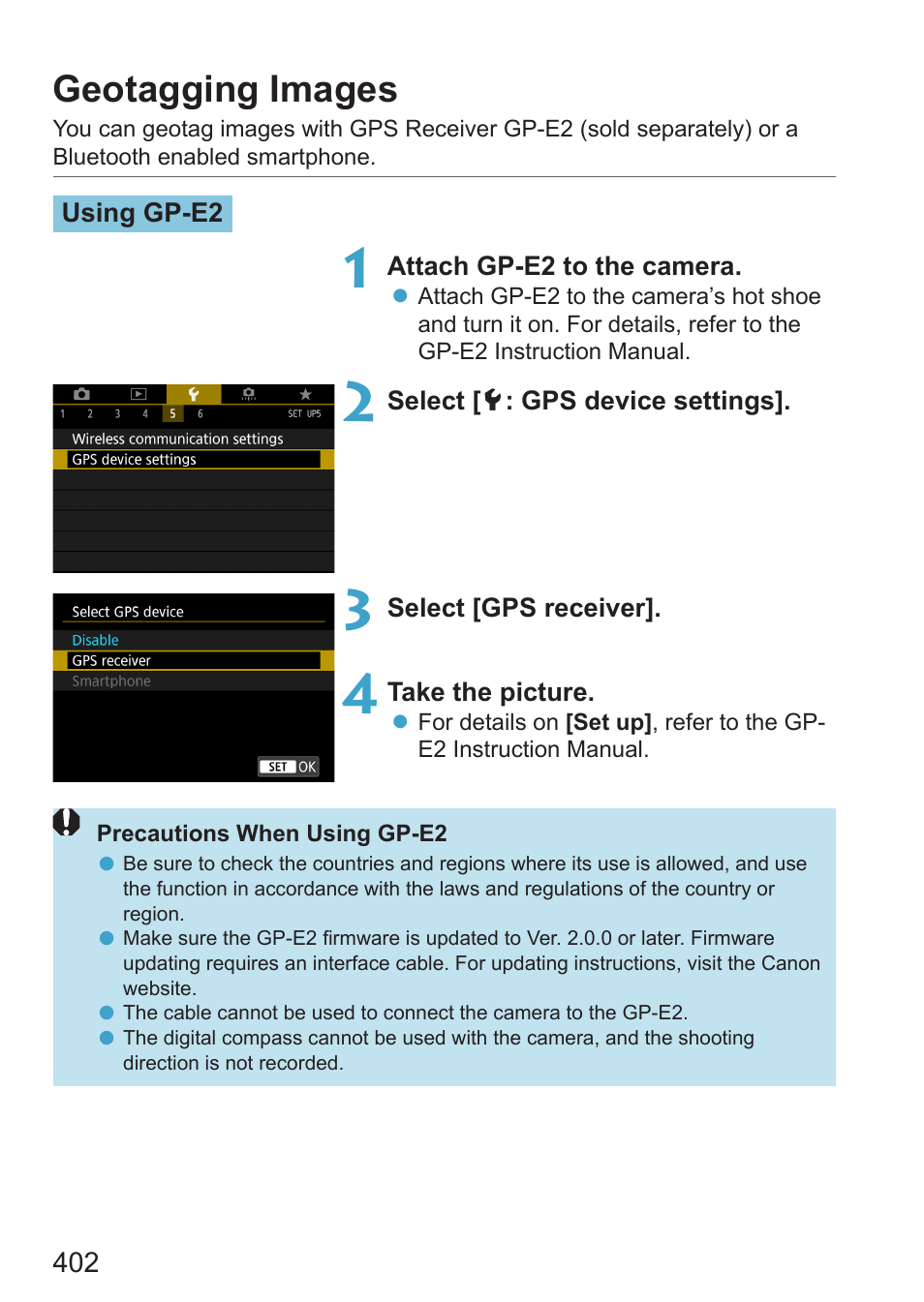 Geotagging images | Canon EOS RP Mirrorless Camera User Manual | Page 402 / 612