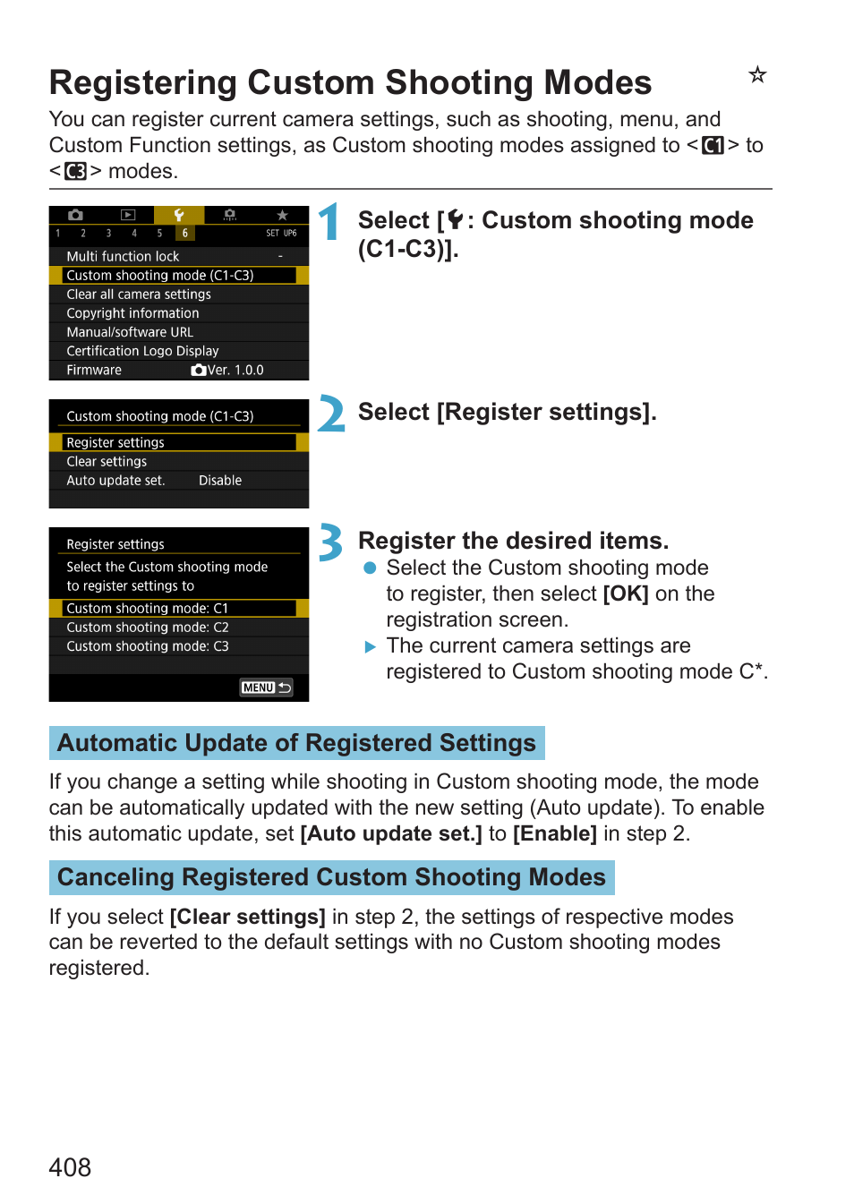 Registering custom shooting modes, Custom shooting mode, Nregistering custom shooting modes | Canon EOS RP Mirrorless Camera User Manual | Page 408 / 612