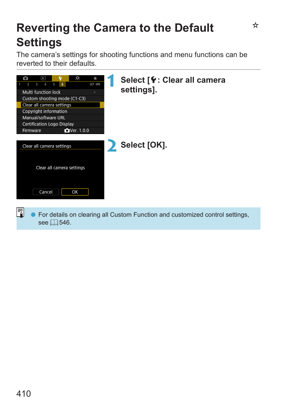 Reverting the camera to the default settings, Clear all camera settings, 410), all the | Nreverting the camera to the default settings | Canon EOS RP Mirrorless Camera User Manual | Page 410 / 612