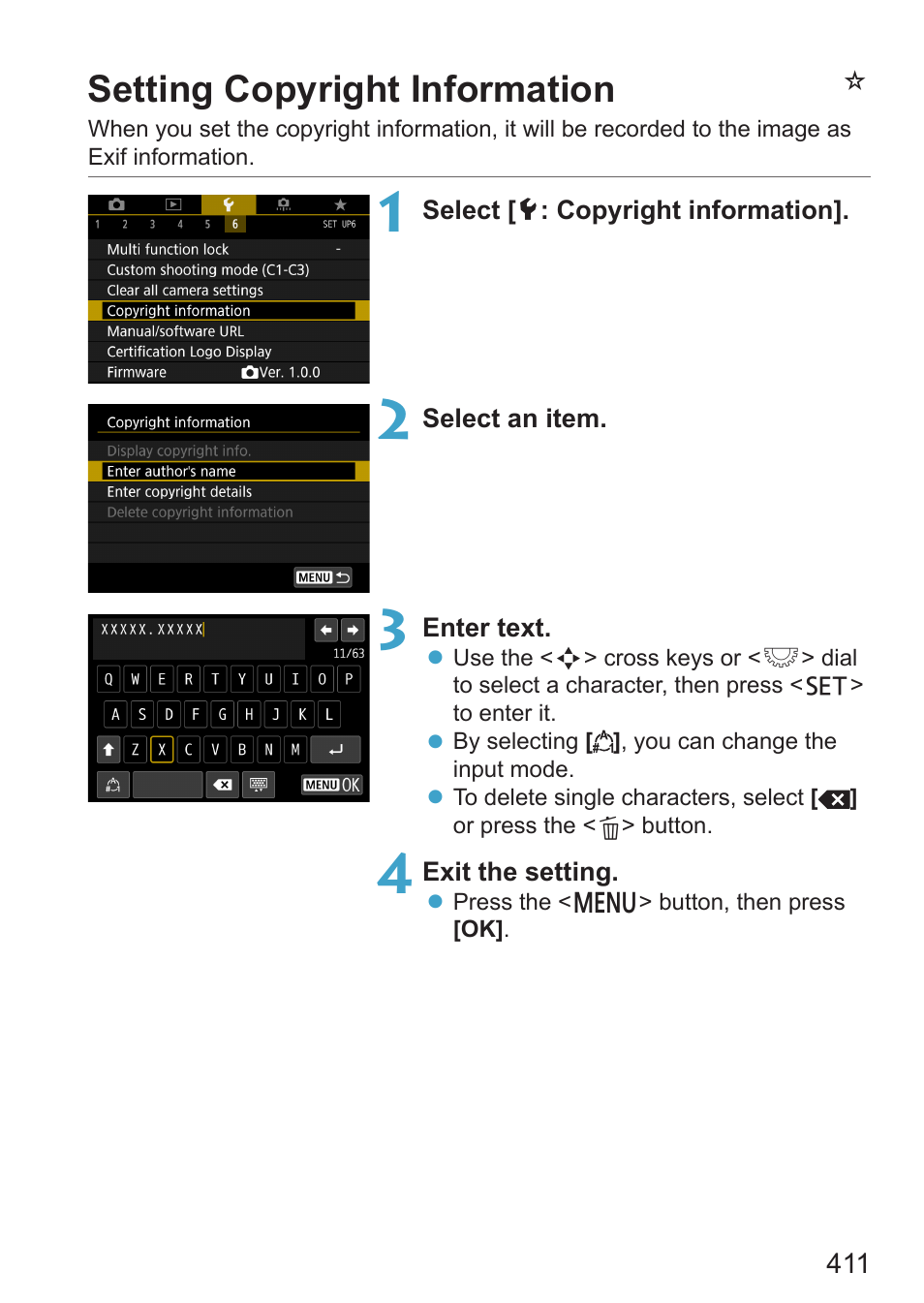 Setting copyright information, Nsetting copyright information | Canon EOS RP Mirrorless Camera User Manual | Page 411 / 612