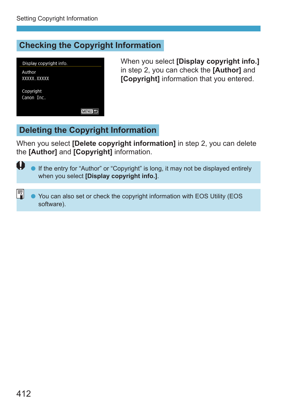 Checking the copyright information, Deleting the copyright information | Canon EOS RP Mirrorless Camera User Manual | Page 412 / 612
