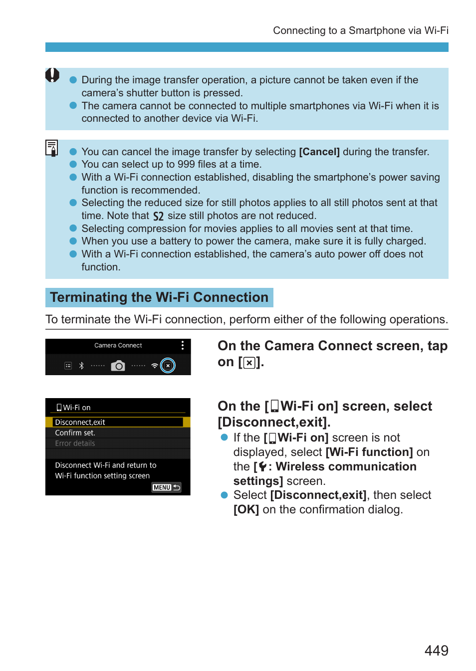 Terminating the wi-fi connection | Canon EOS RP Mirrorless Camera User Manual | Page 449 / 612