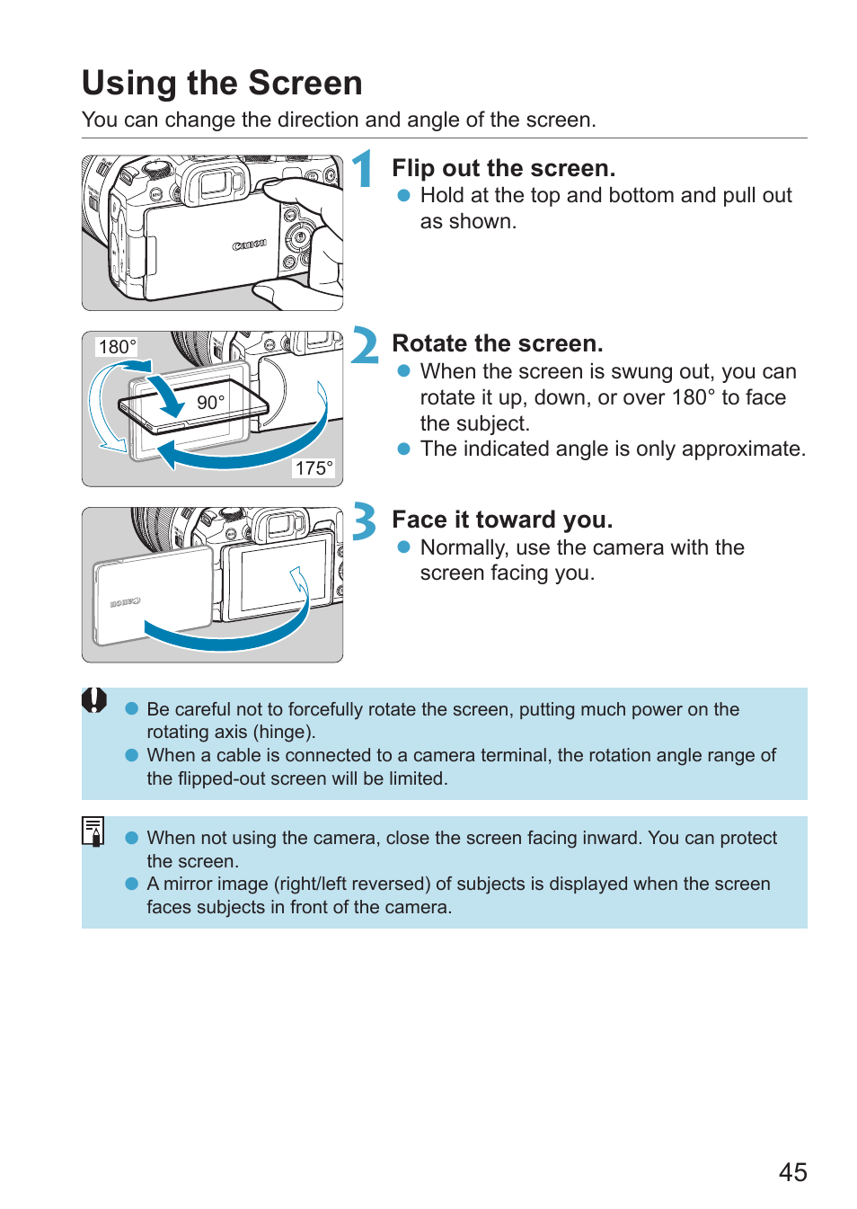 Using the screen, Ari-angle | Canon EOS RP Mirrorless Camera User Manual | Page 45 / 612
