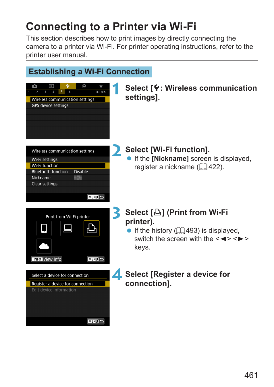 Connecting to a printer via wi-fi, I-fi printer | Canon EOS RP Mirrorless Camera User Manual | Page 461 / 612