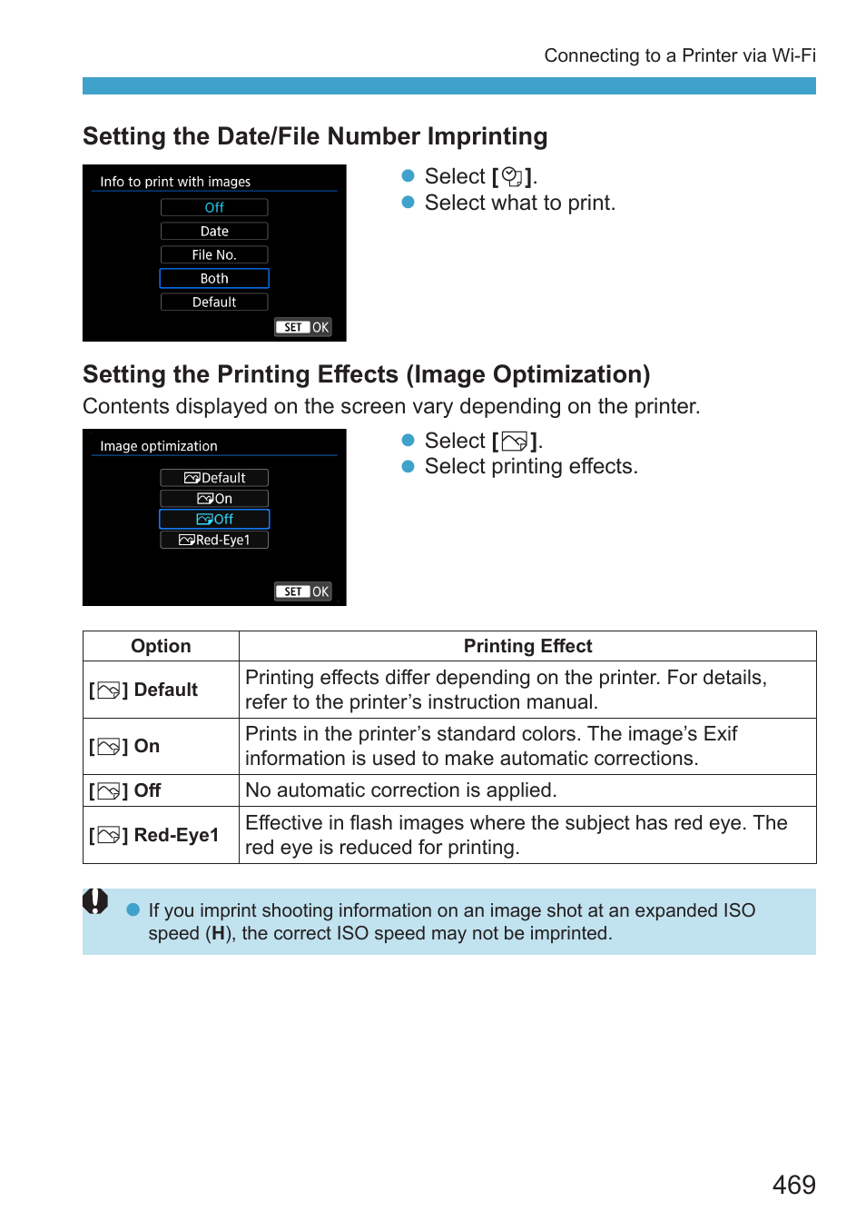 Sets the printing effects, Setting the date/file number imprinting, Setting the printing effects (image optimization) | Canon EOS RP Mirrorless Camera User Manual | Page 469 / 612