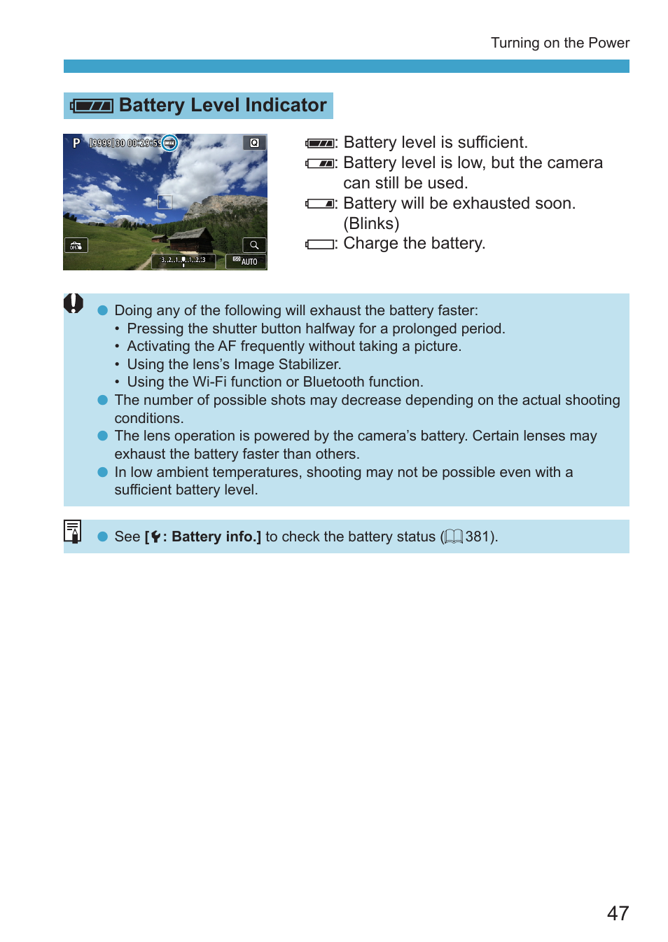 Battery level indicator | Canon EOS RP Mirrorless Camera User Manual | Page 47 / 612