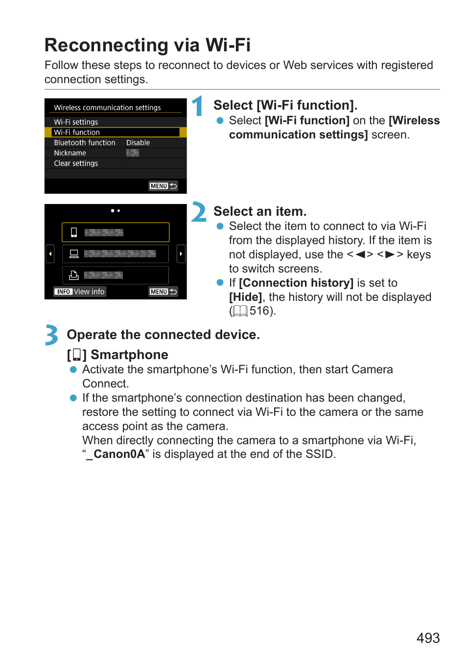 Reconnecting via wi-fi, If the history, 493) is displayed | O reconnect via wi-fi, see “reconnecting via wi-fi | Canon EOS RP Mirrorless Camera User Manual | Page 493 / 612