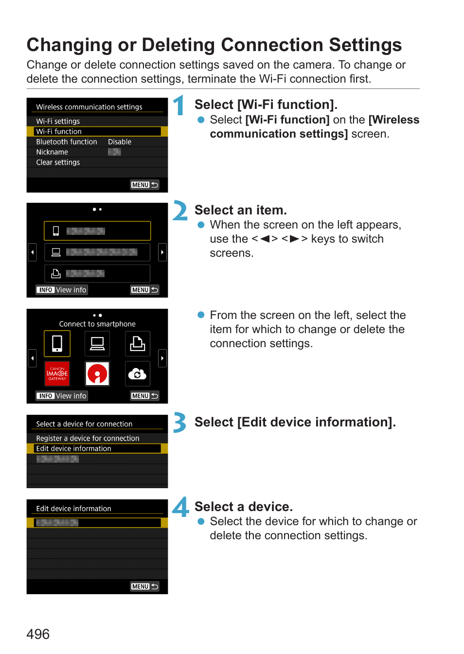 Changing or deleting connection settings, O delete connection settings, see | Canon EOS RP Mirrorless Camera User Manual | Page 496 / 612