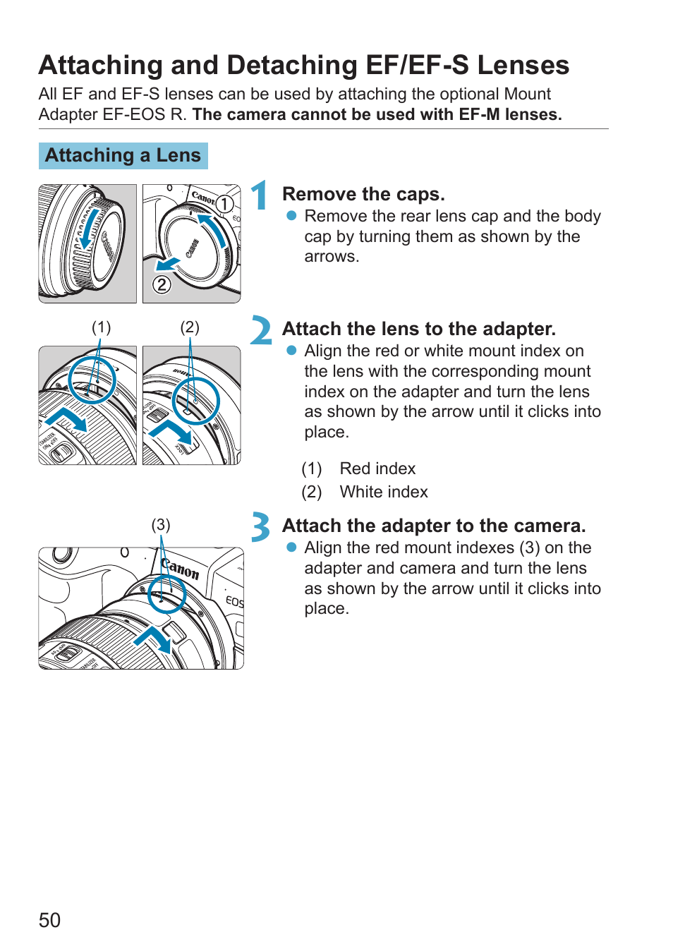 Attaching and detaching ef/ef-s lenses | Canon EOS RP Mirrorless Camera User Manual | Page 50 / 612