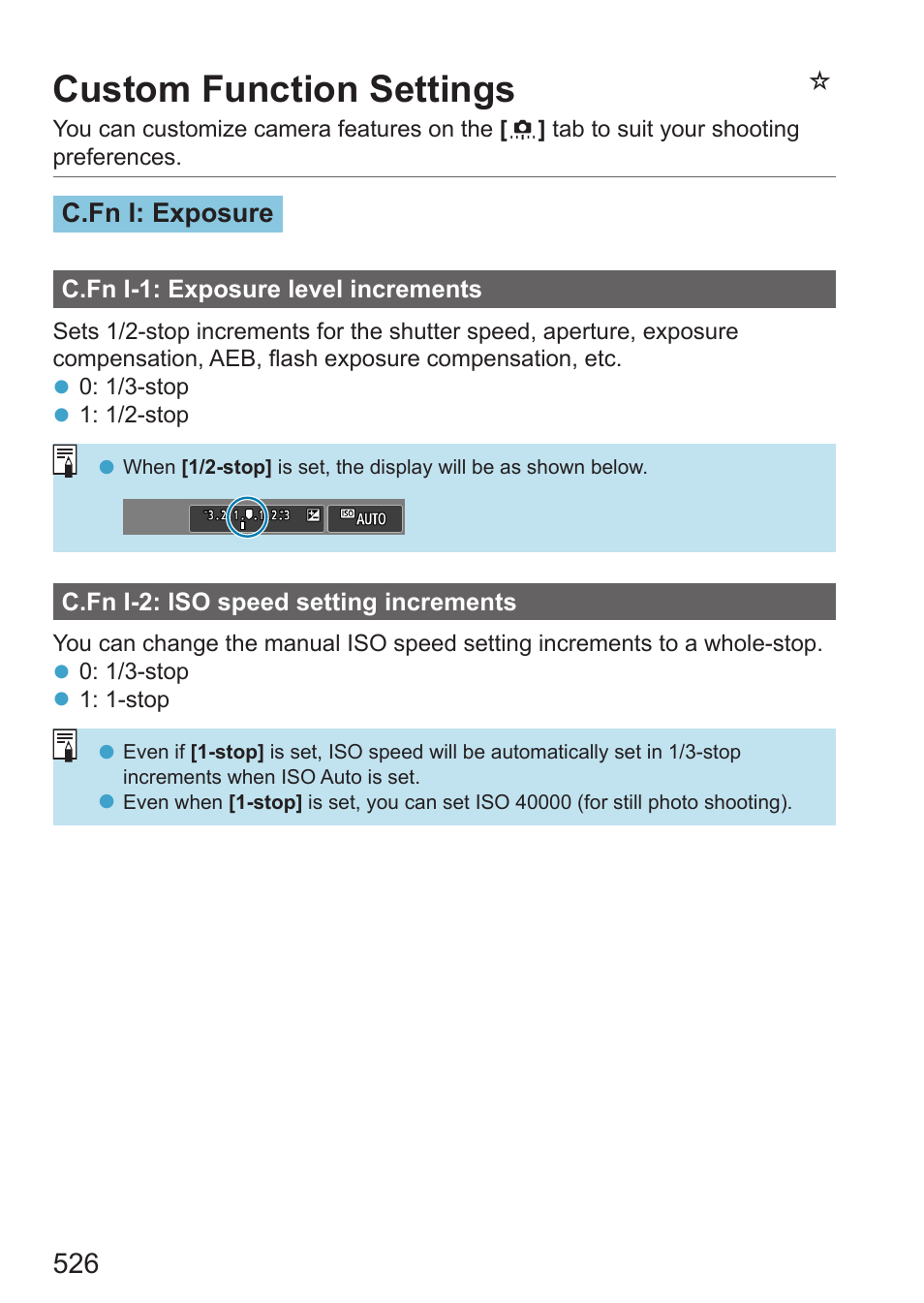 Custom function settings, Ncustom function settings, C.fn i: exposure | Canon EOS RP Mirrorless Camera User Manual | Page 526 / 612