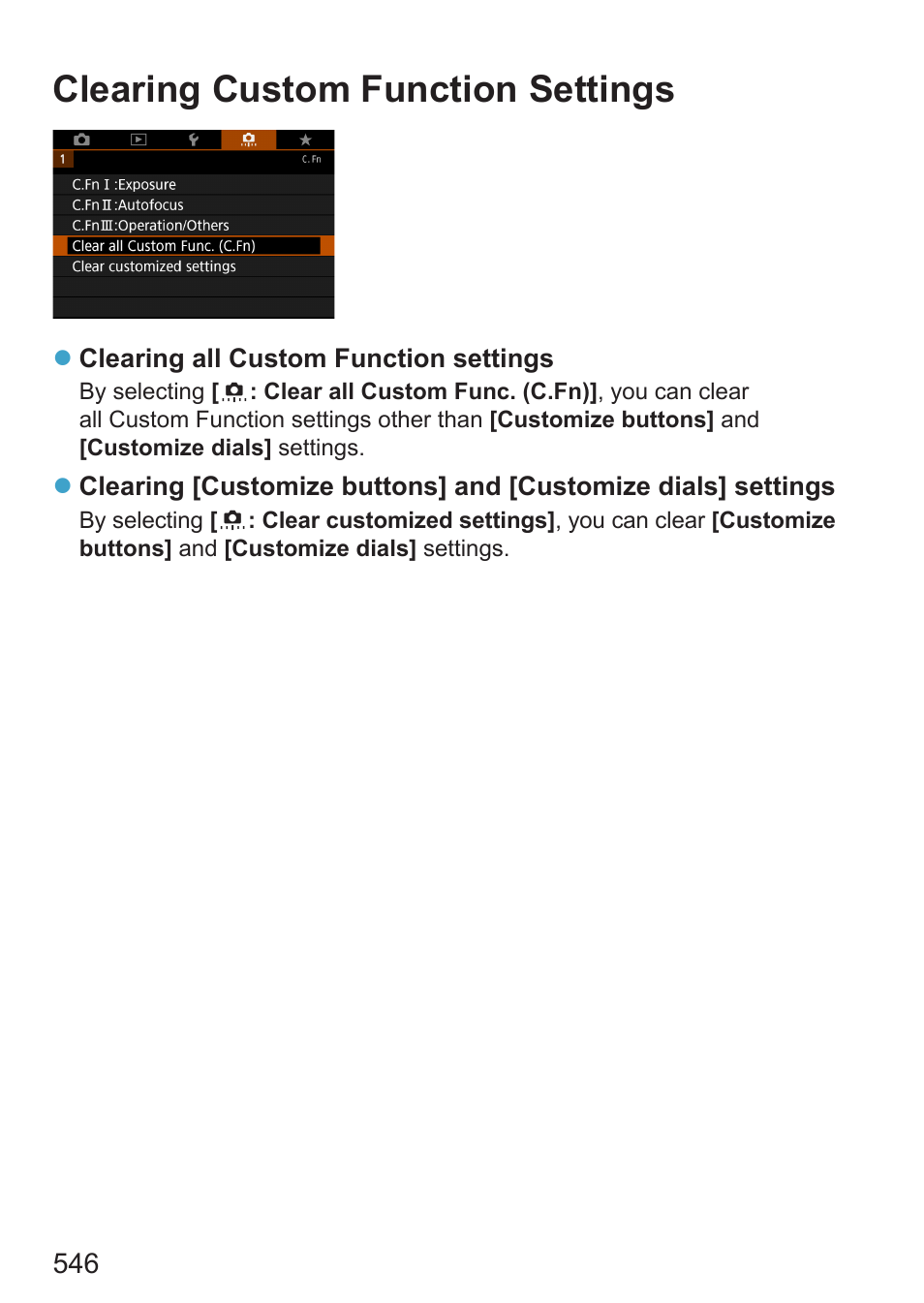Clearing custom function settings | Canon EOS RP Mirrorless Camera User Manual | Page 546 / 612