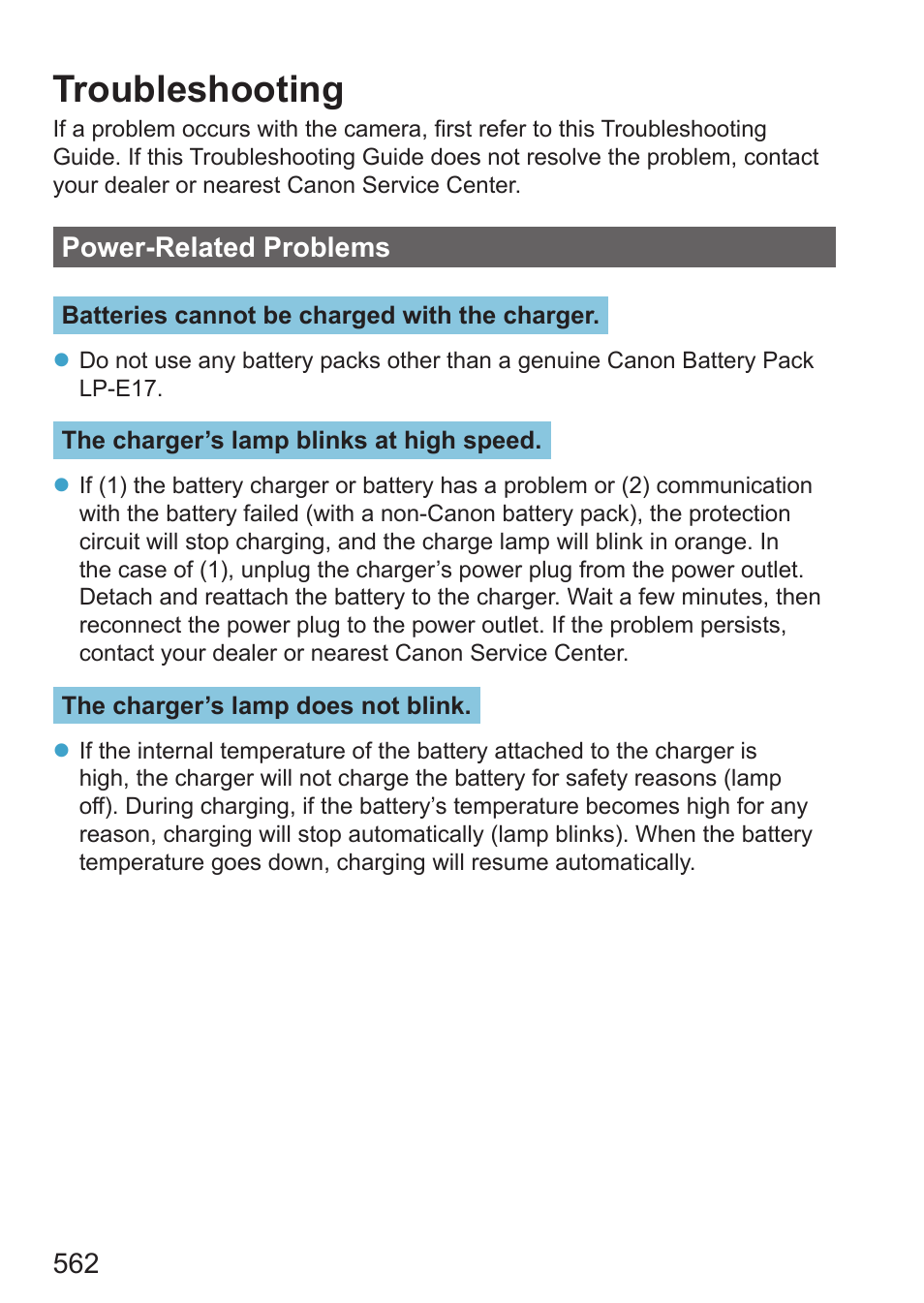 Troubleshooting, Power-related problems | Canon EOS RP Mirrorless Camera User Manual | Page 562 / 612