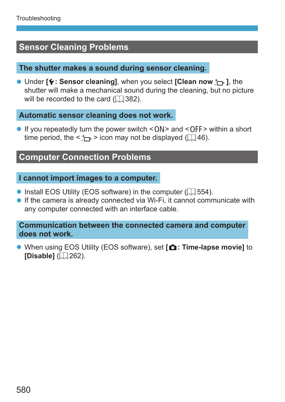 Sensor cleaning problems, Computer connection problems | Canon EOS RP Mirrorless Camera User Manual | Page 580 / 612