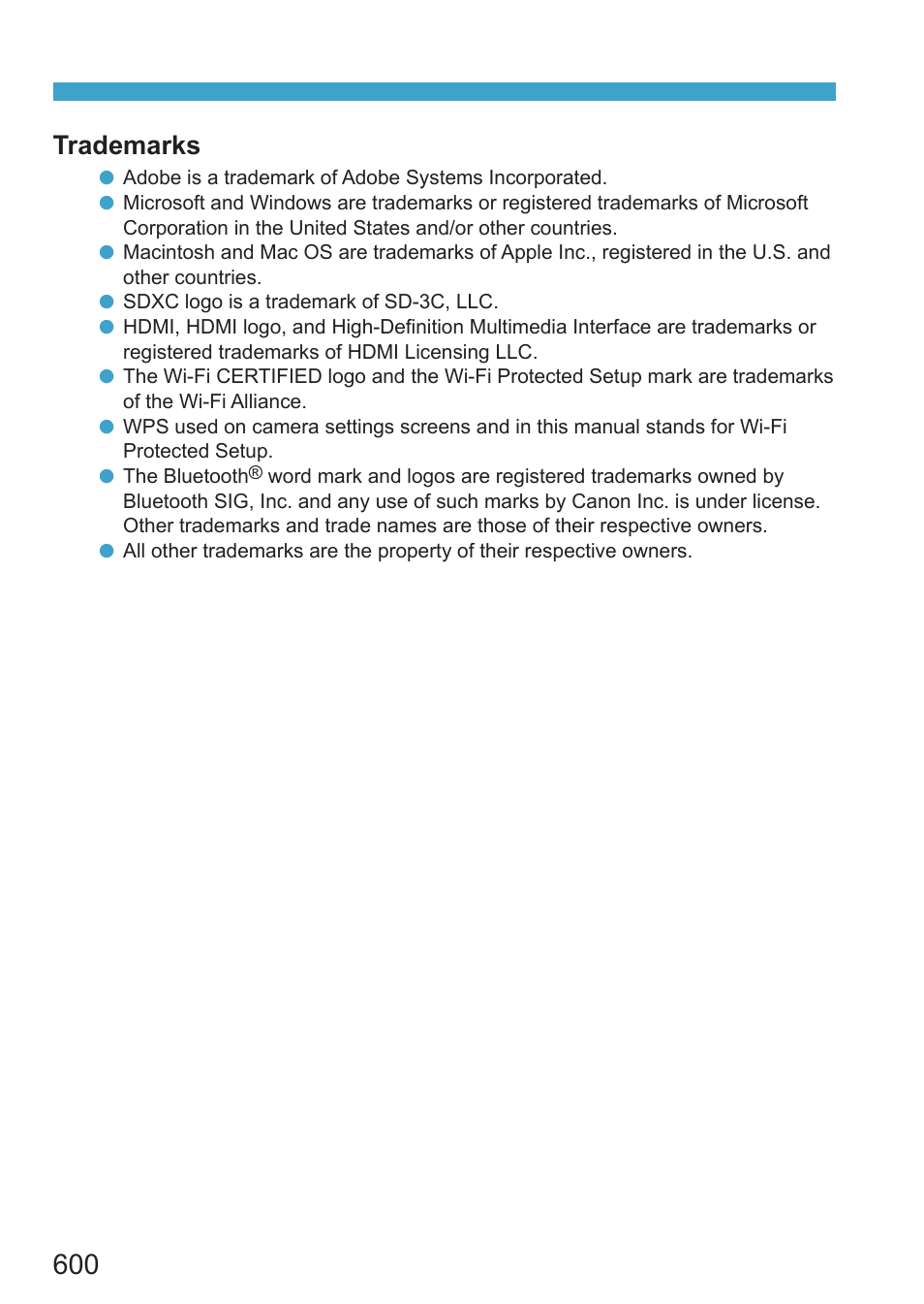 Trademarks | Canon EOS RP Mirrorless Camera User Manual | Page 600 / 612