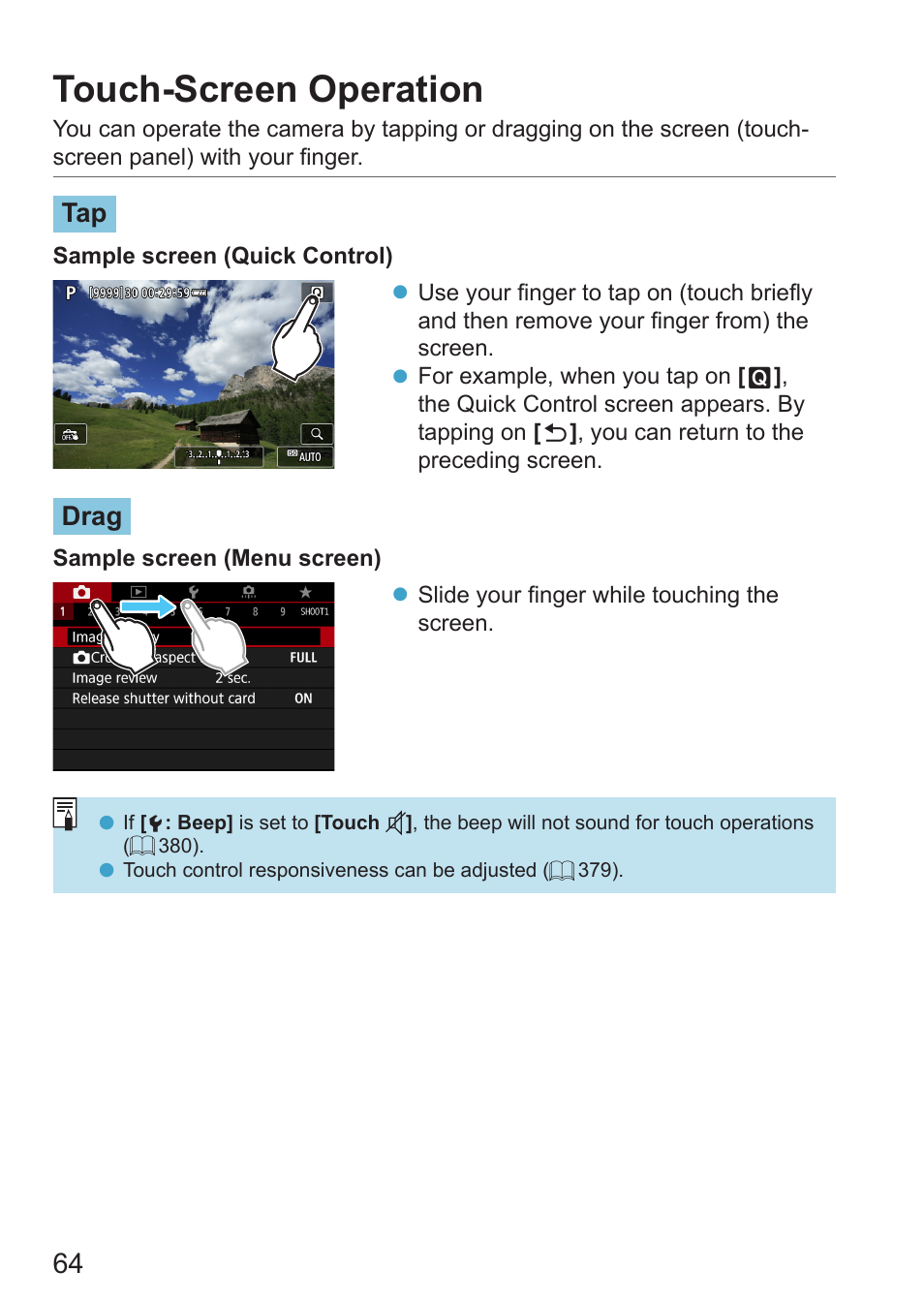 Touch-screen operation, Drag | Canon EOS RP Mirrorless Camera User Manual | Page 64 / 612