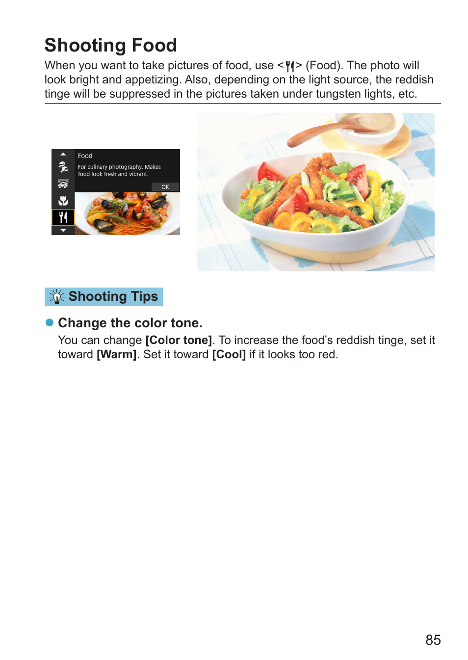 Shooting food, Food | Canon EOS RP Mirrorless Camera User Manual | Page 85 / 612