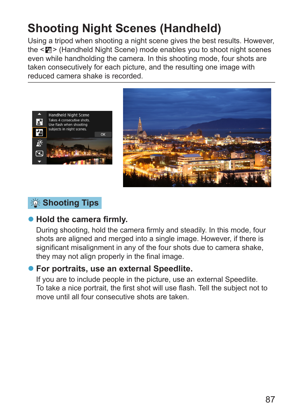 Shooting night scenes (handheld) | Canon EOS RP Mirrorless Camera User Manual | Page 87 / 612