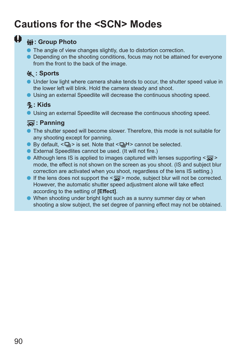 Cautions for the <scn> modes | Canon EOS RP Mirrorless Camera User Manual | Page 90 / 612