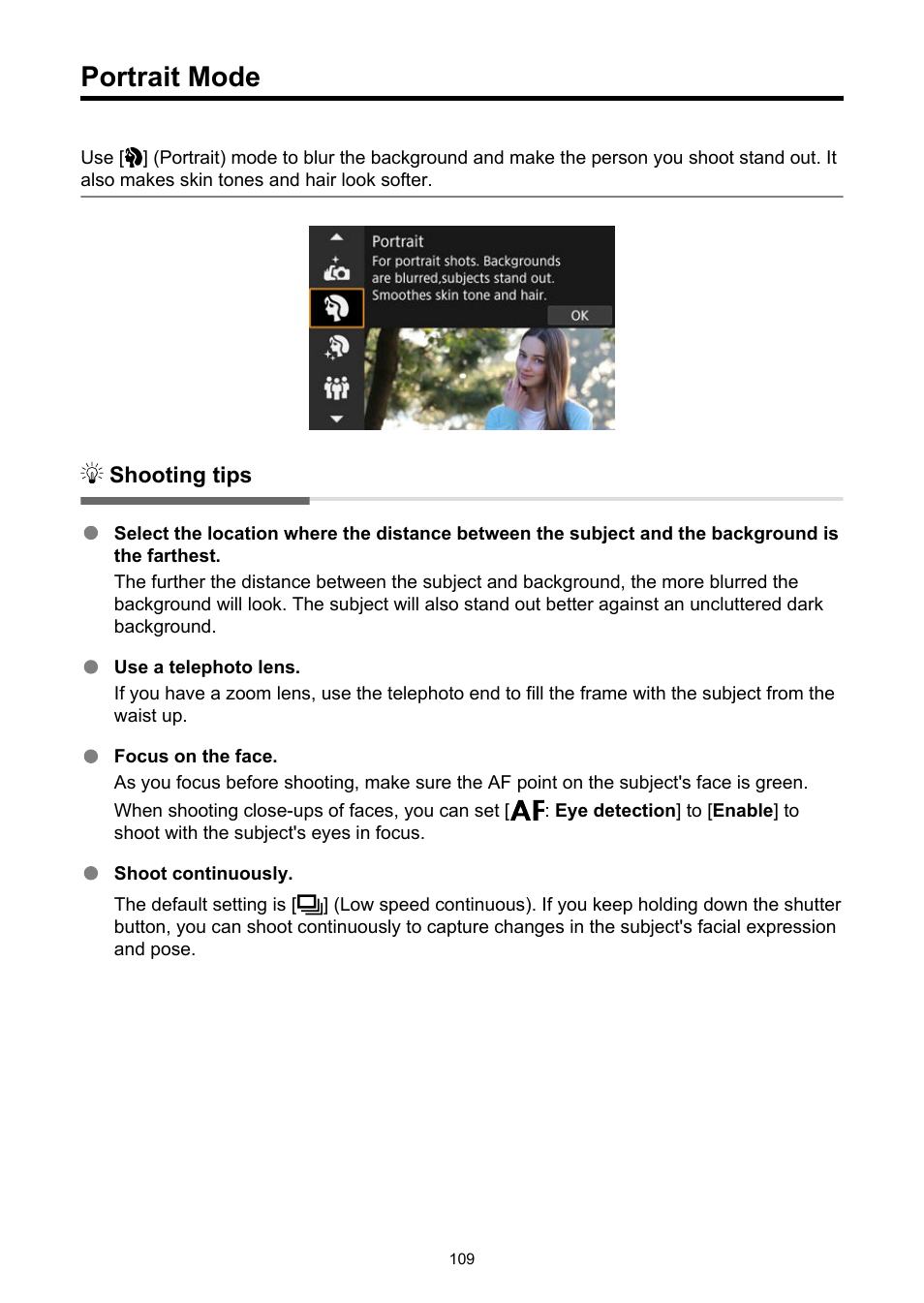 Portrait mode, Portrait | Canon EOS R50 Mirrorless Camera (White) User Manual | Page 109 / 810