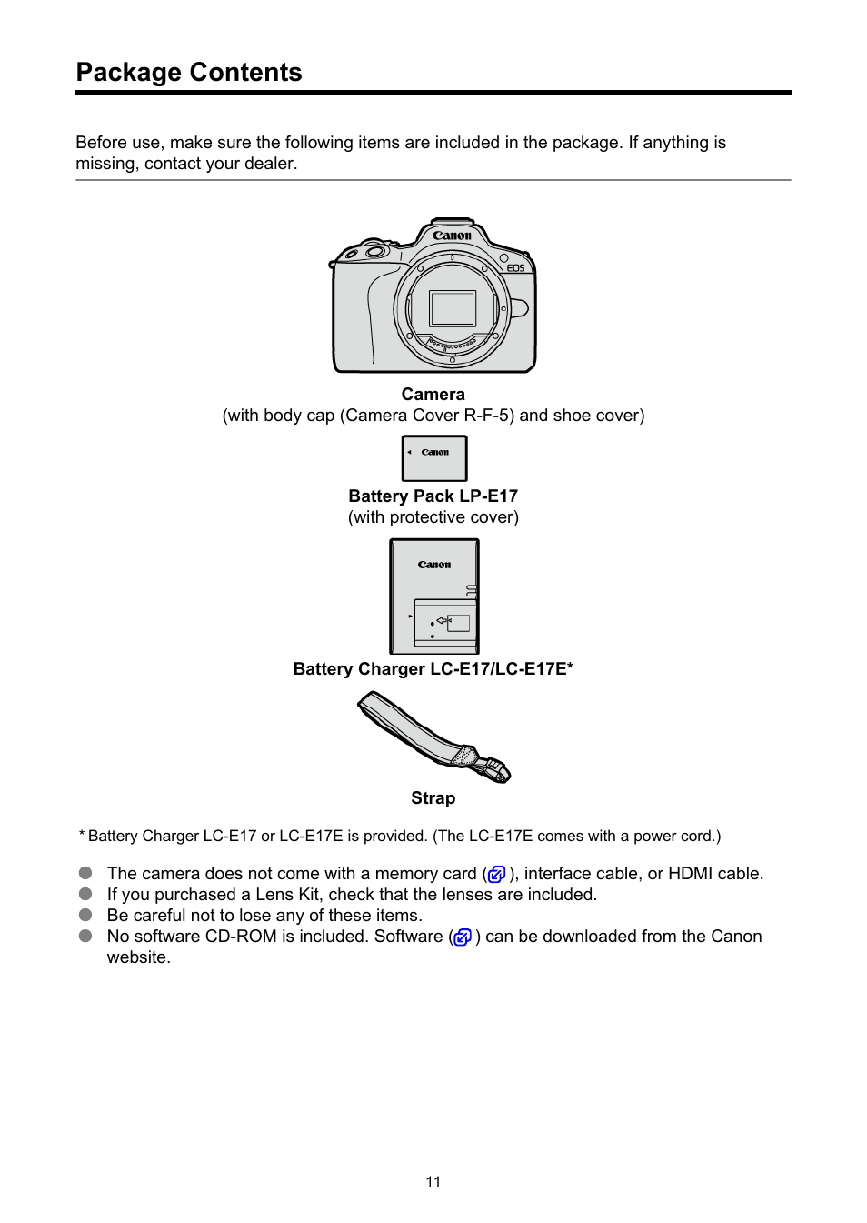 Package contents | Canon EOS R50 Mirrorless Camera (White) User Manual | Page 11 / 810