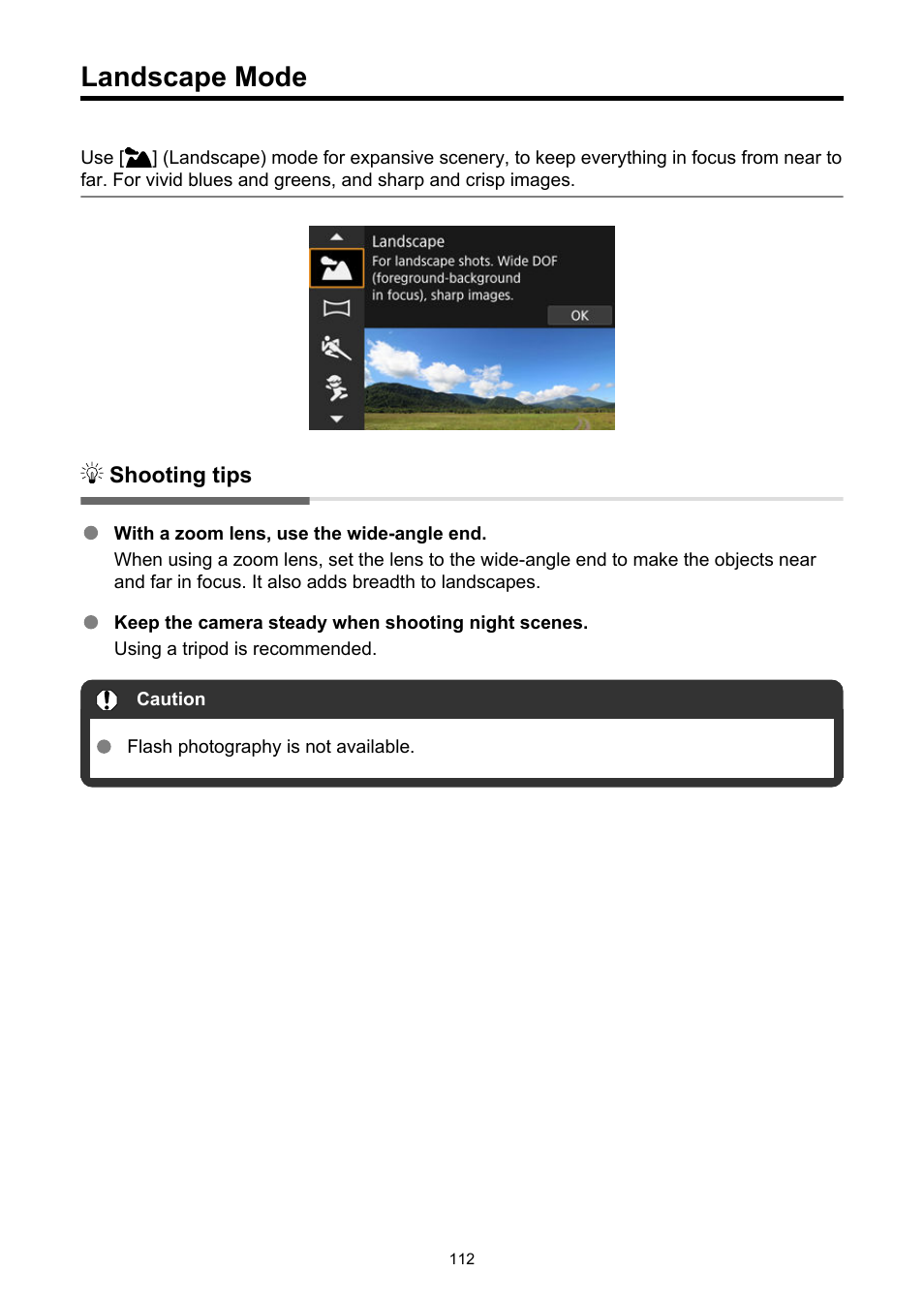 Landscape mode, Landscape | Canon EOS R50 Mirrorless Camera (White) User Manual | Page 112 / 810
