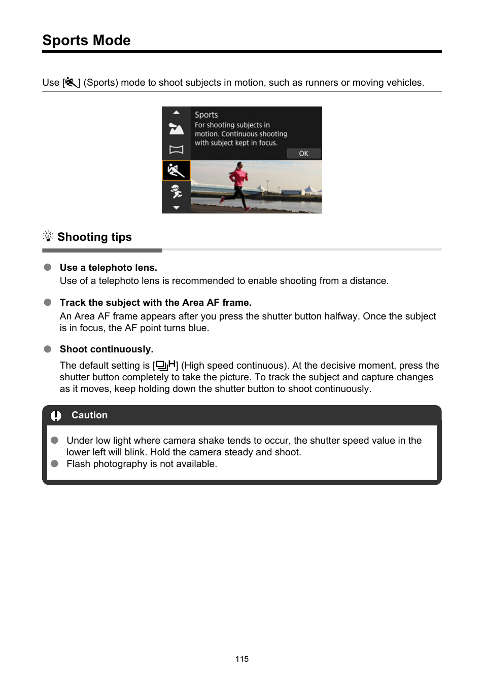 Sports mode, Sports | Canon EOS R50 Mirrorless Camera (White) User Manual | Page 115 / 810
