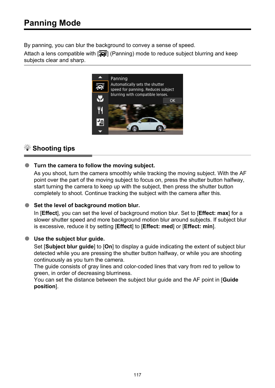 Panning mode, Panning | Canon EOS R50 Mirrorless Camera (White) User Manual | Page 117 / 810