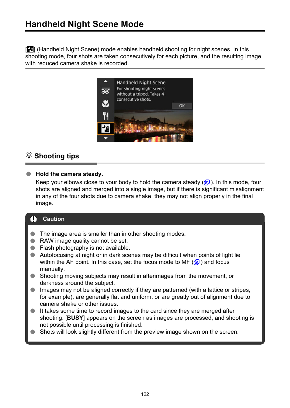 Handheld night scene mode, Handheld night scene | Canon EOS R50 Mirrorless Camera (White) User Manual | Page 122 / 810