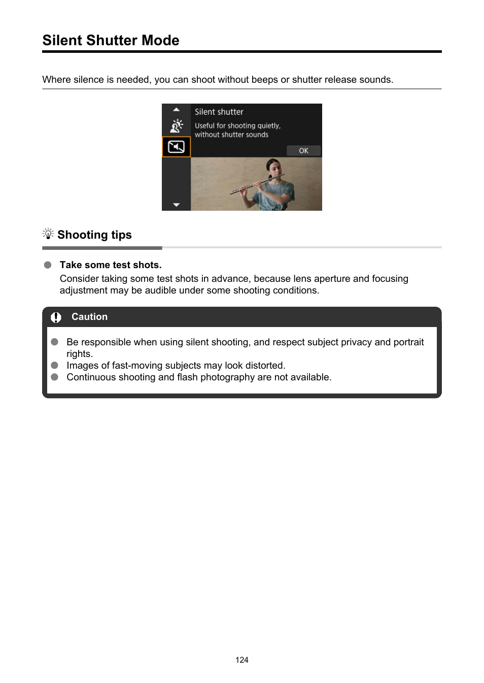Silent shutter mode, Silent shutter | Canon EOS R50 Mirrorless Camera (White) User Manual | Page 124 / 810