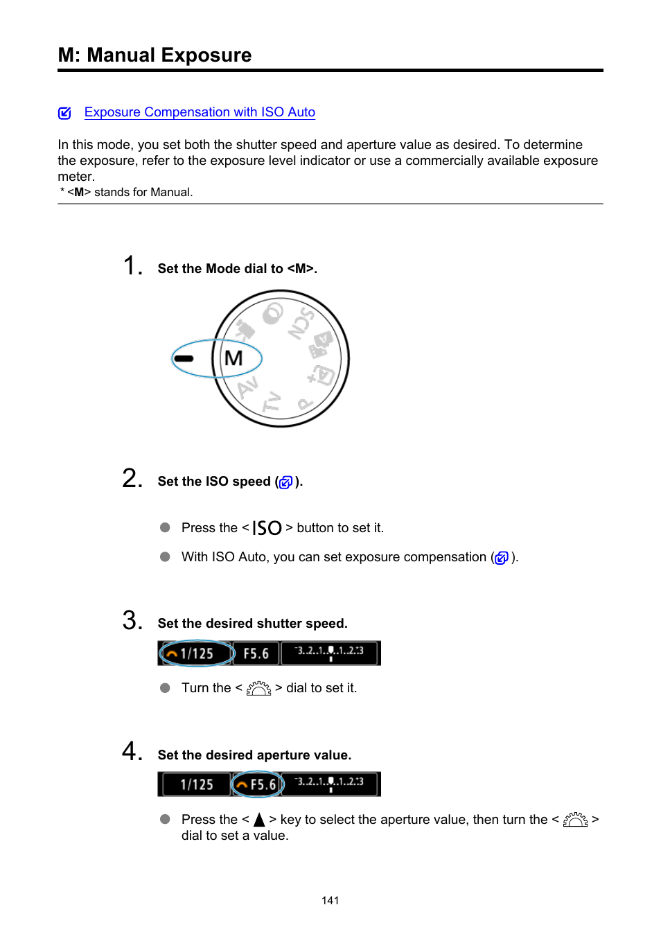 M: manual exposure, Manual exposure | Canon EOS R50 Mirrorless Camera (White) User Manual | Page 141 / 810