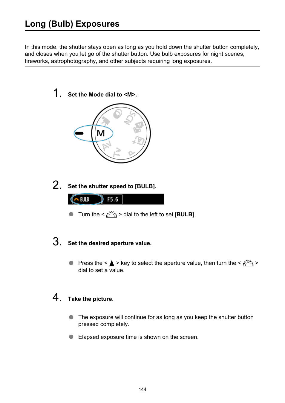 Long (bulb) exposures | Canon EOS R50 Mirrorless Camera (White) User Manual | Page 144 / 810