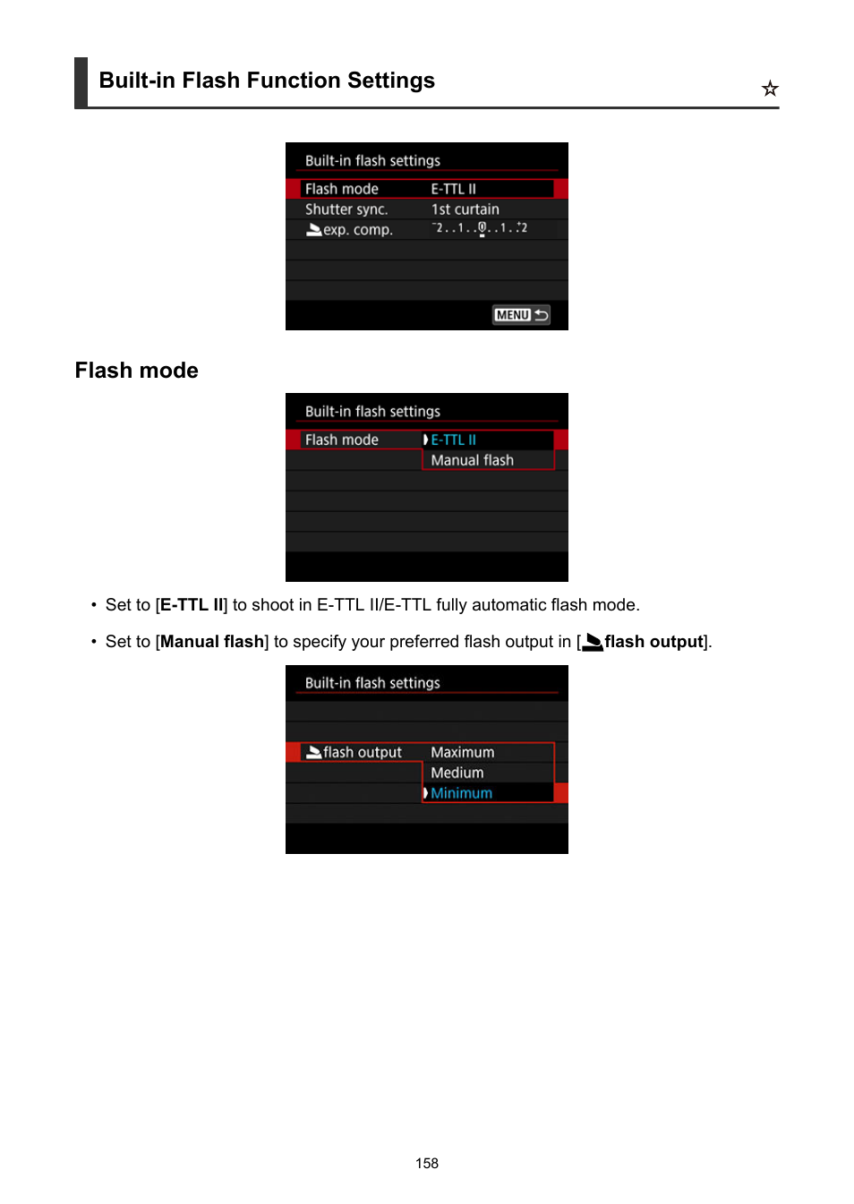 Built-in flash function settings, Built-in flash function settings flash mode | Canon EOS R50 Mirrorless Camera (White) User Manual | Page 158 / 810