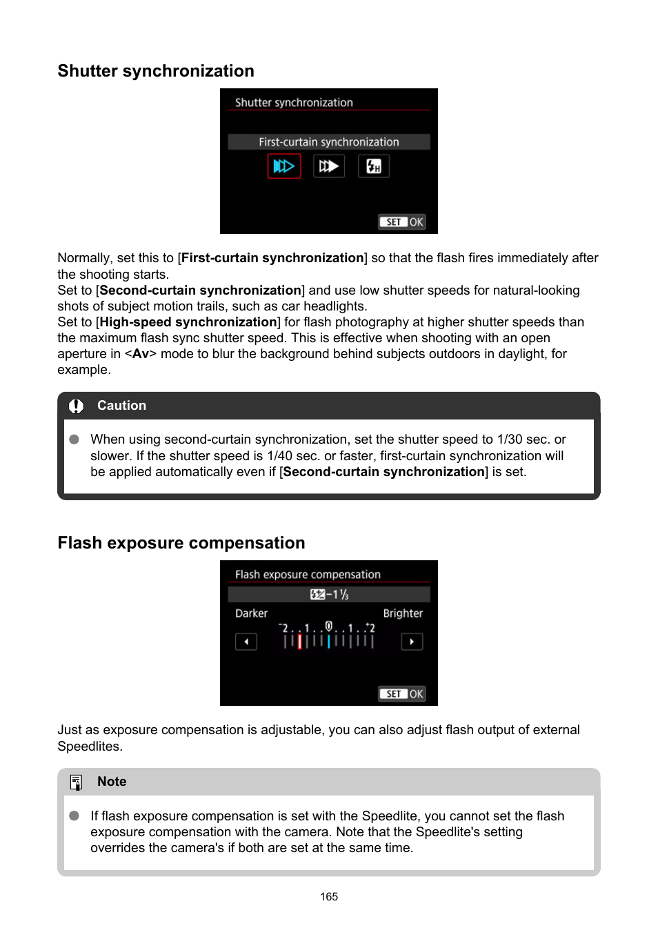 Shutter synchronization, Flash exposure compensation | Canon EOS R50 Mirrorless Camera (White) User Manual | Page 165 / 810