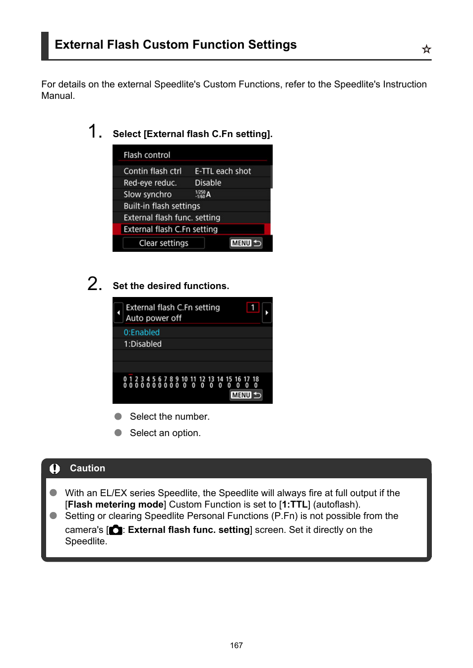 External flash custom function settings | Canon EOS R50 Mirrorless Camera (White) User Manual | Page 167 / 810