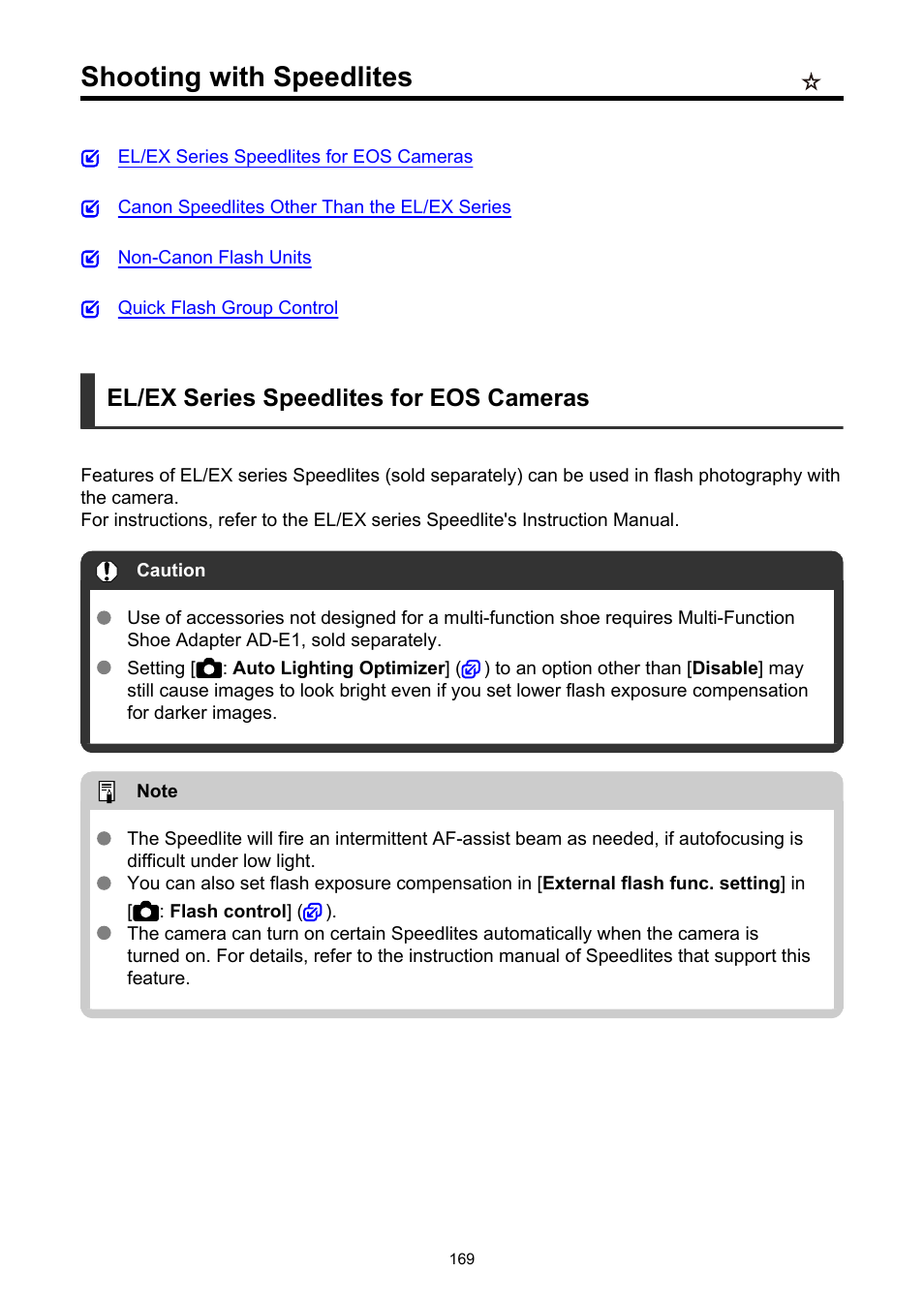 Shooting with speedlites, El/ex series speedlites for eos cameras | Canon EOS R50 Mirrorless Camera (White) User Manual | Page 169 / 810