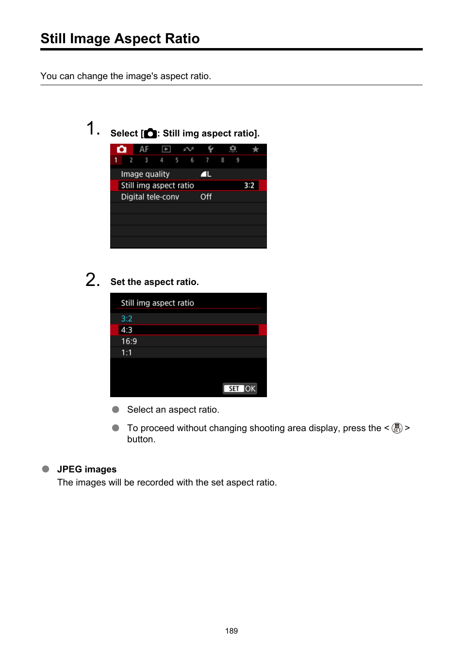 Still image aspect ratio, Still img aspect ratio | Canon EOS R50 Mirrorless Camera (White) User Manual | Page 189 / 810