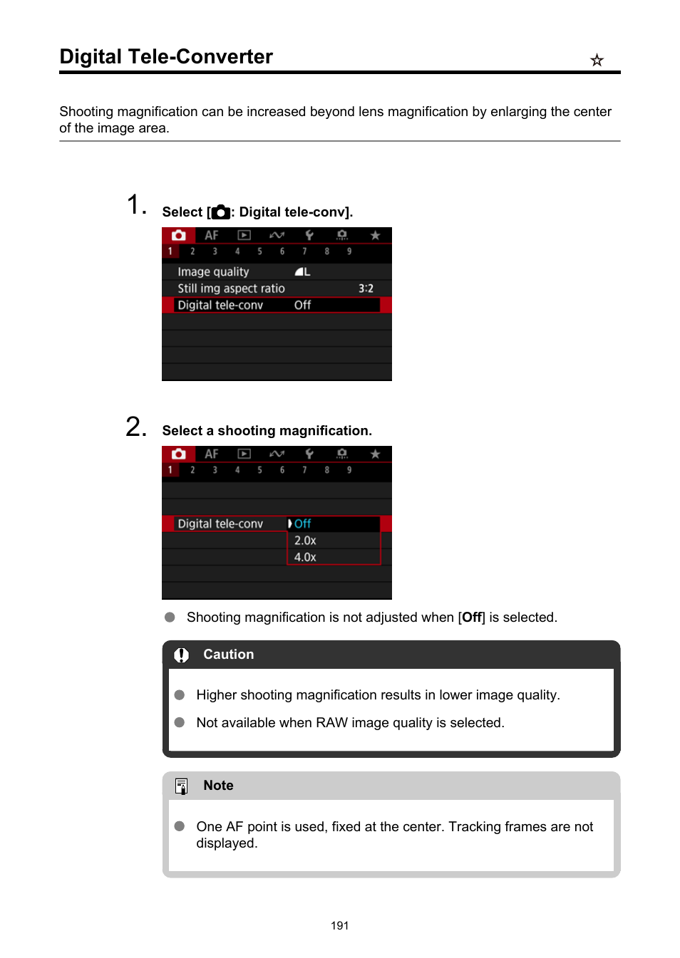 Digital tele-converter, Digital tele-conv | Canon EOS R50 Mirrorless Camera (White) User Manual | Page 191 / 810