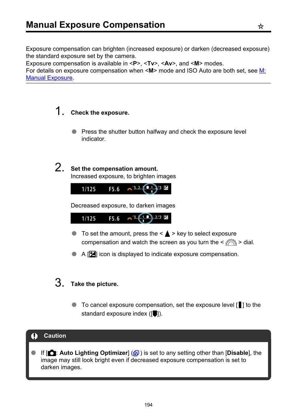 Manual exposure compensation | Canon EOS R50 Mirrorless Camera (White) User Manual | Page 194 / 810