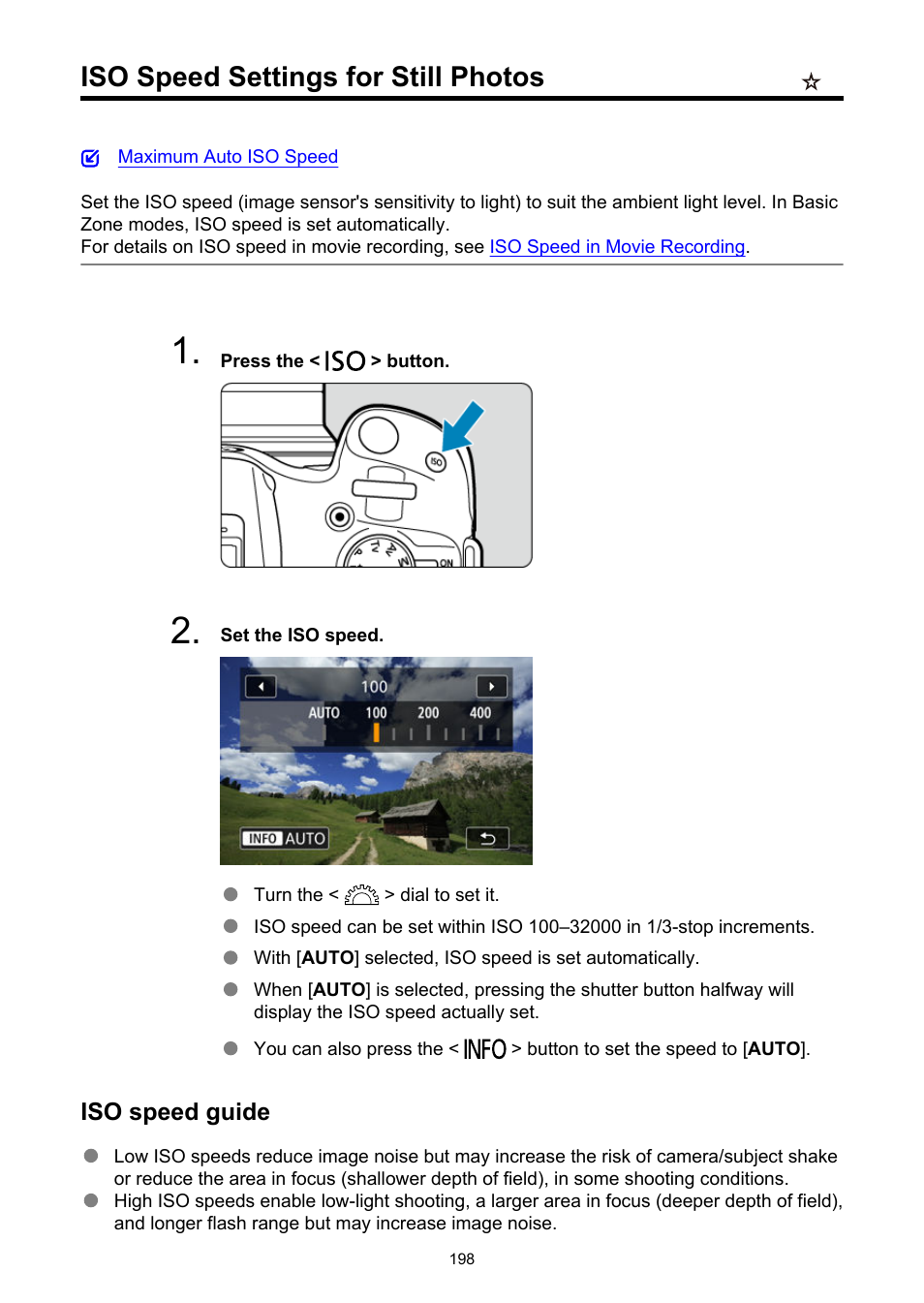 Iso speed settings for still photos, Iso speed settings | Canon EOS R50 Mirrorless Camera (White) User Manual | Page 198 / 810