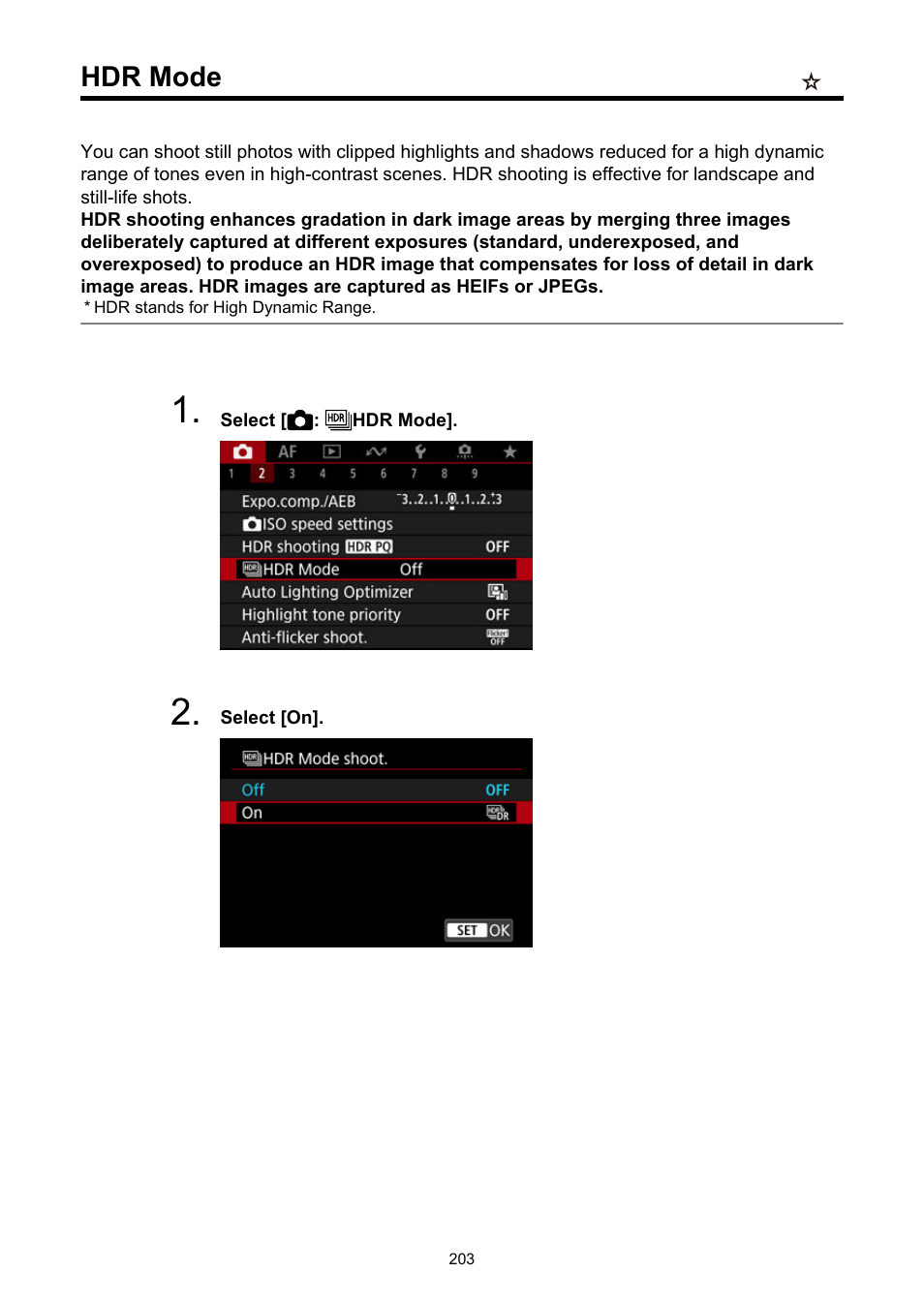 Hdr mode | Canon EOS R50 Mirrorless Camera (White) User Manual | Page 203 / 810