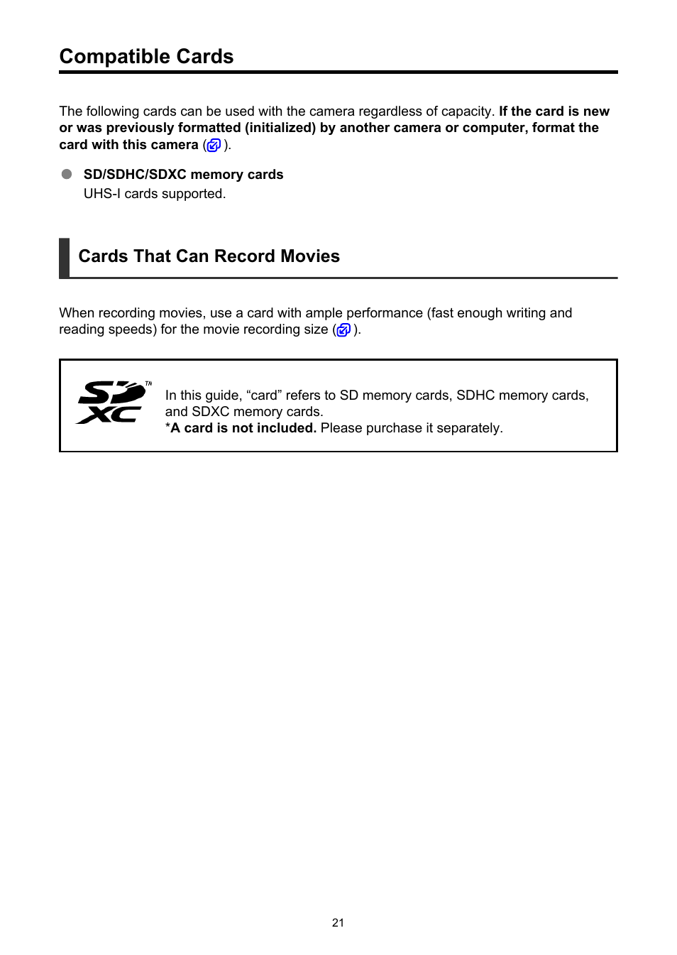 Compatible cards, Cards that can record movies | Canon EOS R50 Mirrorless Camera (White) User Manual | Page 21 / 810